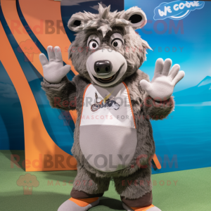 Gray Wild Boar mascot costume character dressed with a Board Shorts and Gloves
