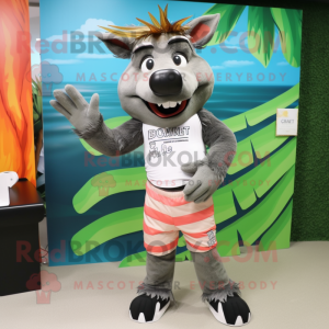 Gray Wild Boar mascot costume character dressed with a Board Shorts and Gloves