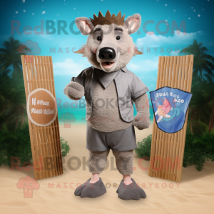 Gray Wild Boar mascot costume character dressed with a Board Shorts and Gloves