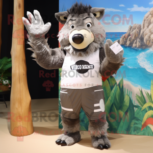 Gray Wild Boar mascot costume character dressed with a Board Shorts and Gloves