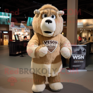 Beige Bison mascot costume character dressed with a V-Neck Tee and Mittens