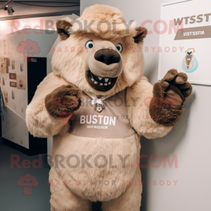 Beige Bison mascot costume character dressed with a V-Neck Tee and Mittens