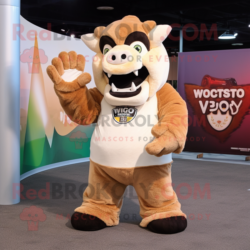 Beige Bison mascot costume character dressed with a V-Neck Tee and Mittens