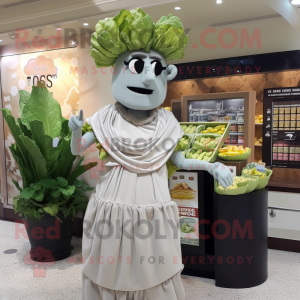 Gray Caesar Salad mascot costume character dressed with a Evening Gown and Coin purses