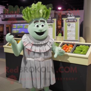 Gray Caesar Salad mascot costume character dressed with a Evening Gown and Coin purses