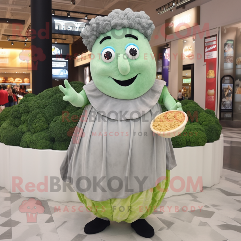 Gray Caesar Salad mascot costume character dressed with a Evening Gown and Coin purses Gray Caesar Salad mascot costume character dressed with a Evening Gown and Coin purses