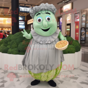 Gray Caesar Salad mascot costume character dressed with a Evening Gown and Coin purses