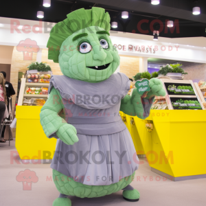 Gray Caesar Salad mascot costume character dressed with a Evening Gown and Coin purses