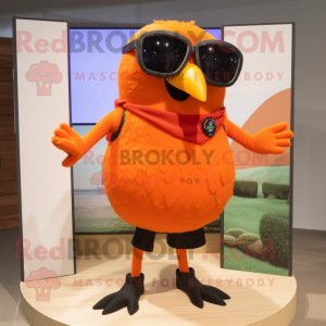 Orange Blackbird mascot costume character dressed with a Tank Top and Sunglasses