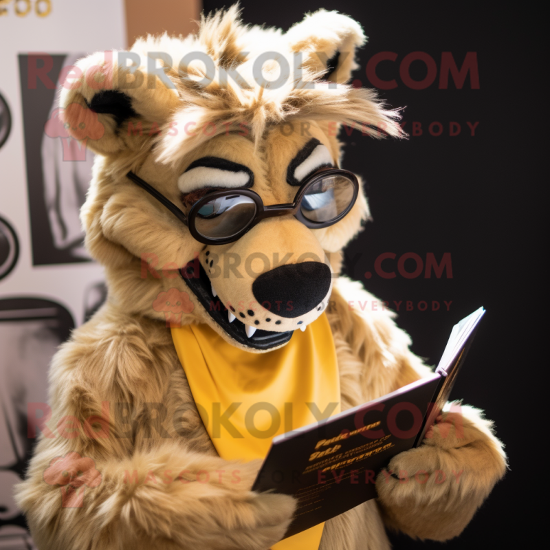Gold Hyena mascot costume character dressed with a Suit and Reading glasses Gold Hyena mascot costume character dressed with a Suit and Reading glasses