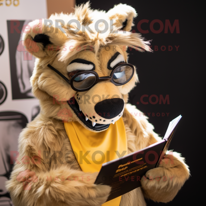 Gold Hyena mascot costume character dressed with a Suit and Reading glasses