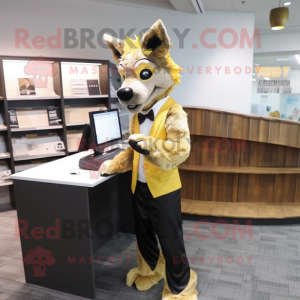 Gold Hyena mascot costume character dressed with a Suit and Reading glasses