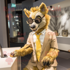 Gold Hyena mascot costume character dressed with a Suit and Reading glasses