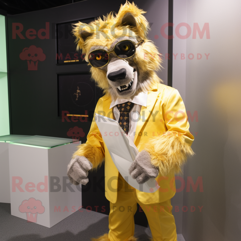 Gold Hyena mascot costume character dressed with a Suit and Reading glasses