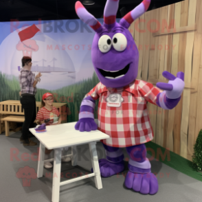 Lavender Lobster mascot costume character dressed with a Flannel Shirt and Watches