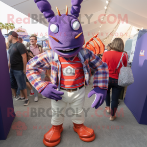 Lavender Lobster mascot costume character dressed with a Flannel Shirt and Watches
