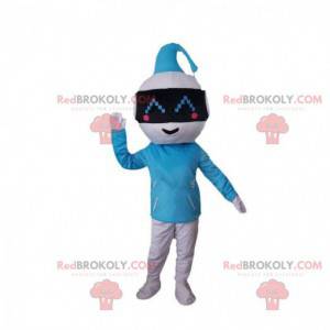 Mascote robô azul e branco, traje futurista original -