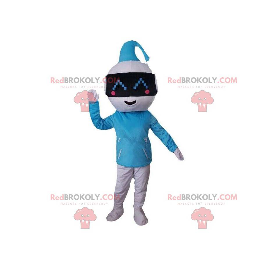 Blue and white robot mascot, original futuristic costume -