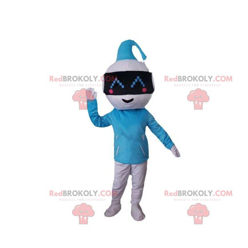 Mascotte robot blu e bianco, costume futuristico originale -