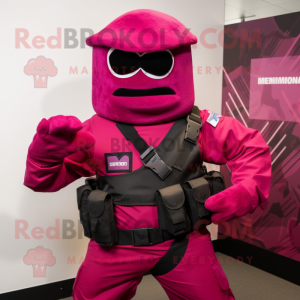 Magenta Commando mascot costume character dressed with a Waistcoat and Belts