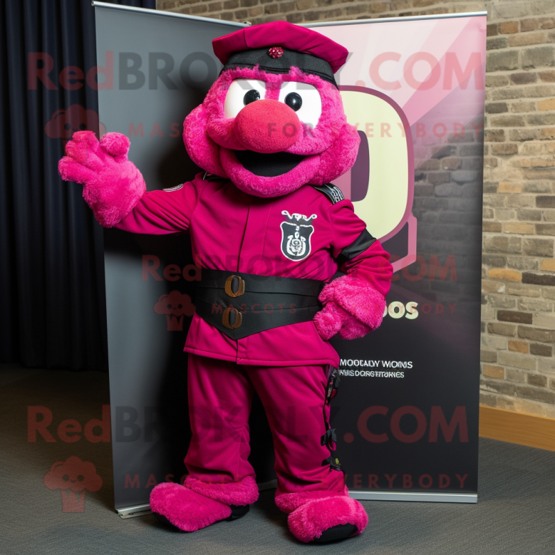 Magenta Commando mascot costume character dressed with a Waistcoat and Belts