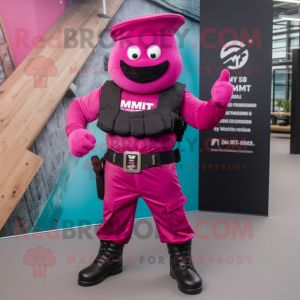 Magenta Commando mascot costume character dressed with a Waistcoat and Belts