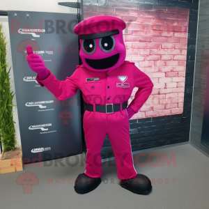 Magenta Commando mascot costume character dressed with a Waistcoat and Belts