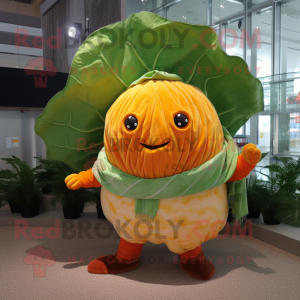 Orange Cabbage mascot costume character dressed with a Corduroy Pants and Scarves