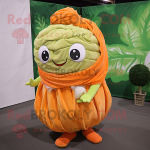 Orange Cabbage mascot costume character dressed with a Corduroy Pants and Scarves