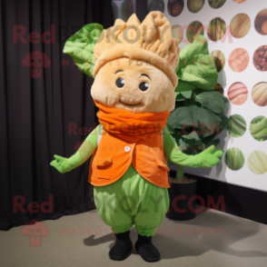 Orange Cabbage mascot costume character dressed with a Corduroy Pants and Scarves
