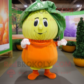 Orange Cabbage mascot costume character dressed with a Corduroy Pants and Scarves