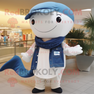 Beige Blue Whale mascot costume character dressed with a Jeans and Scarves