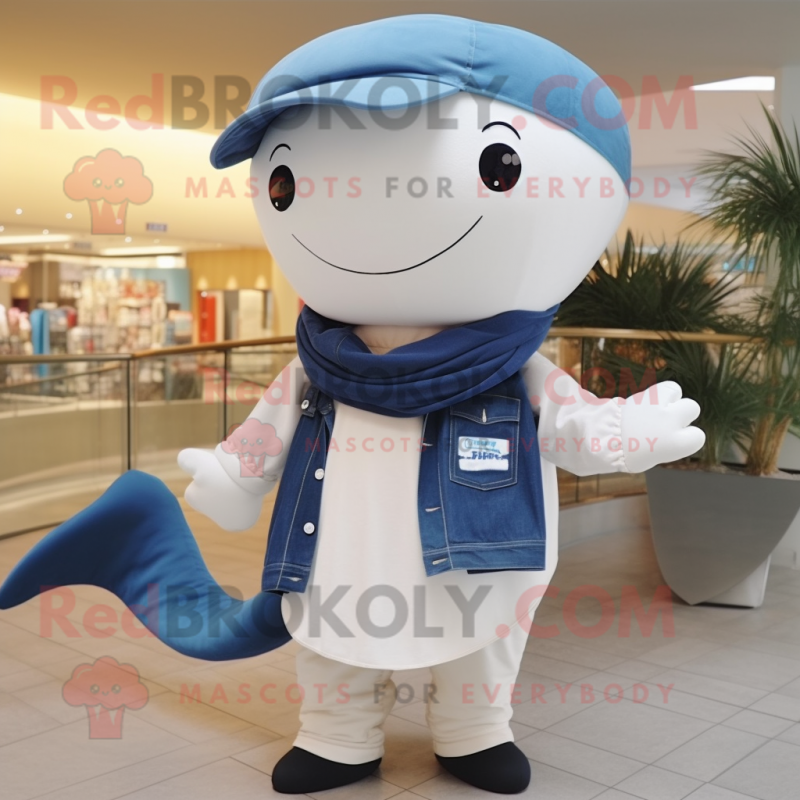 Beige Blue Whale mascot costume character dressed with a Jeans and Scarves Beige Blue Whale mascot costume character dressed with a Jeans and Scarves