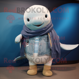 Beige Blue Whale mascot costume character dressed with a Jeans and Scarves