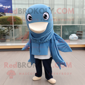 Beige Blue Whale mascot costume character dressed with a Jeans and Scarves
