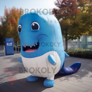 Beige Blue Whale mascot costume character dressed with a Jeans and Scarves