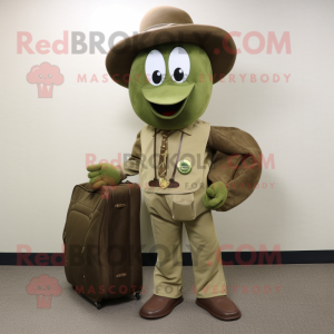 Olive Horseshoe mascot costume character dressed with a Corduroy Pants and Briefcases