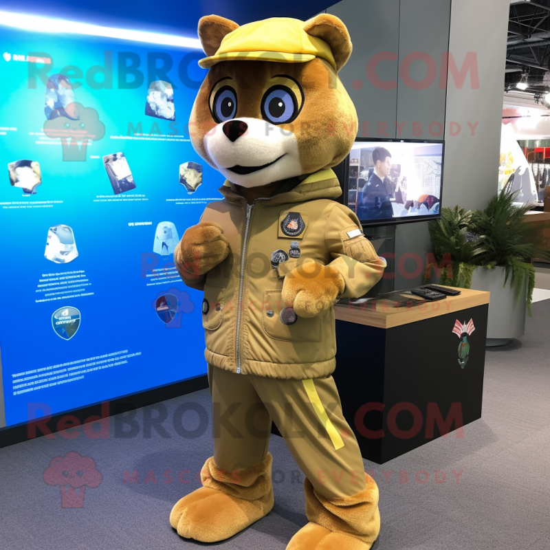 Gold Air Force Soldier mascot costume character dressed with a Parka and Keychains Gold Air Force Soldier mascot costume character dressed with a Parka and Keychains