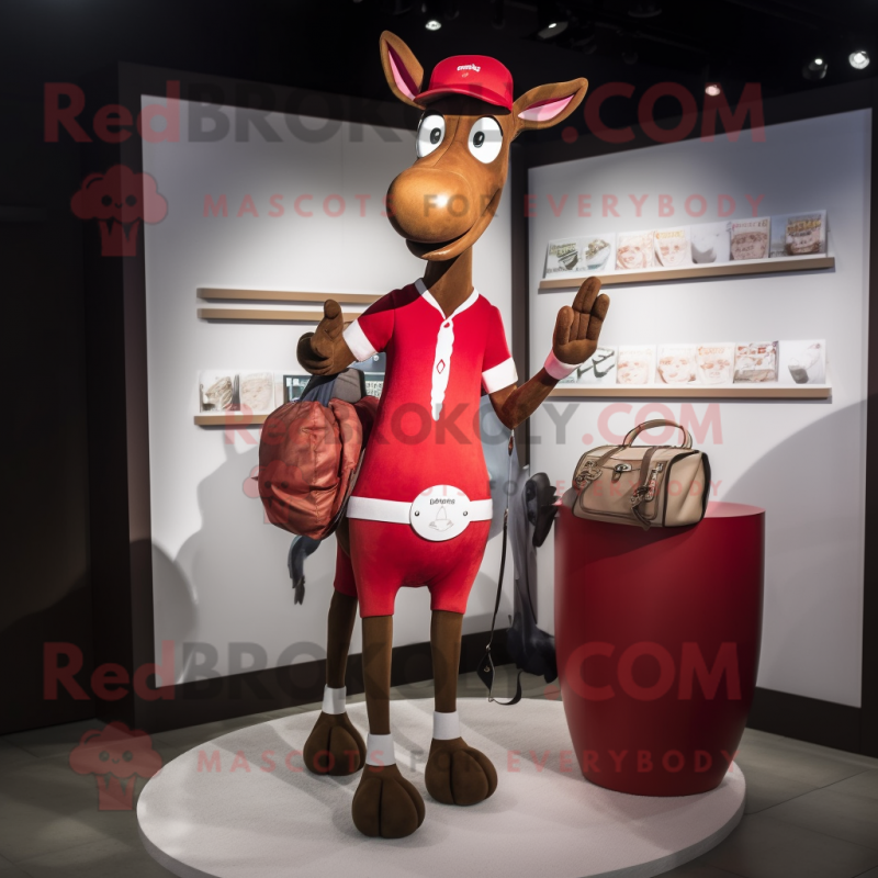 Red Okapi mascot costume character dressed with a Polo Tee and Coin purses