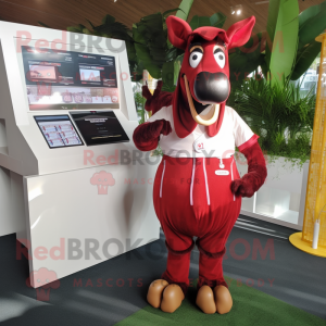 Red Okapi mascot costume character dressed with a Polo Tee and Coin purses