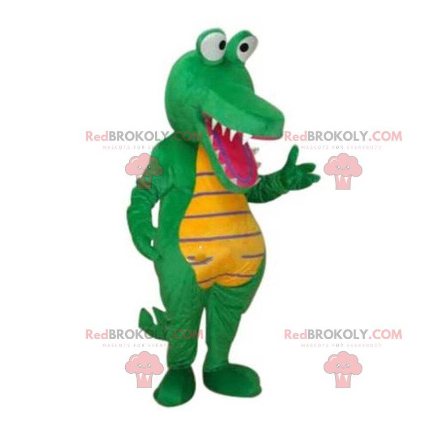 Traje de crocodilo verde e amarelo, mascote de jacaré -