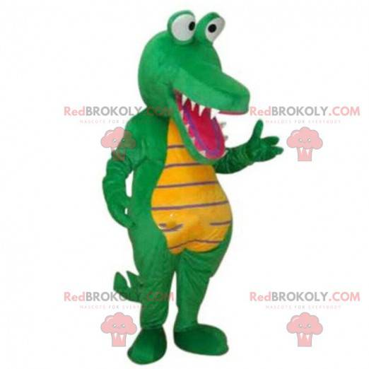 Traje de crocodilo verde e amarelo, mascote de jacaré -