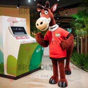 Red Okapi mascot costume character dressed with a Polo Tee and Coin purses