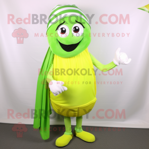 Lime Green Clam Chowder mascot costume character dressed with a Joggers and Scarf clips