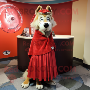 Red Shepard'S Pie mascot costume character dressed with a A-Line Skirt and Shawl pins