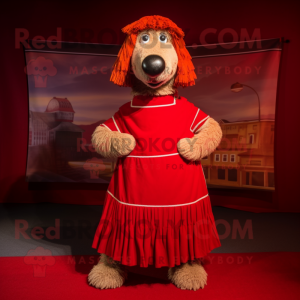 Red Shepard'S Pie mascot costume character dressed with a A-Line Skirt and Shawl pins
