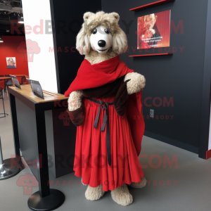 Red Shepard'S Pie mascot costume character dressed with a A-Line Skirt and Shawl pins