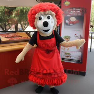 Red Shepard'S Pie mascot costume character dressed with a A-Line Skirt and Shawl pins