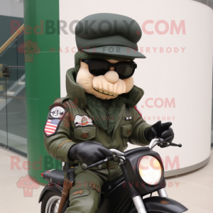 Navy Green Beret mascot costume character dressed with a Biker Jacket and Reading glasses