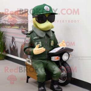 Navy Green Beret mascot costume character dressed with a Biker Jacket and Reading glasses